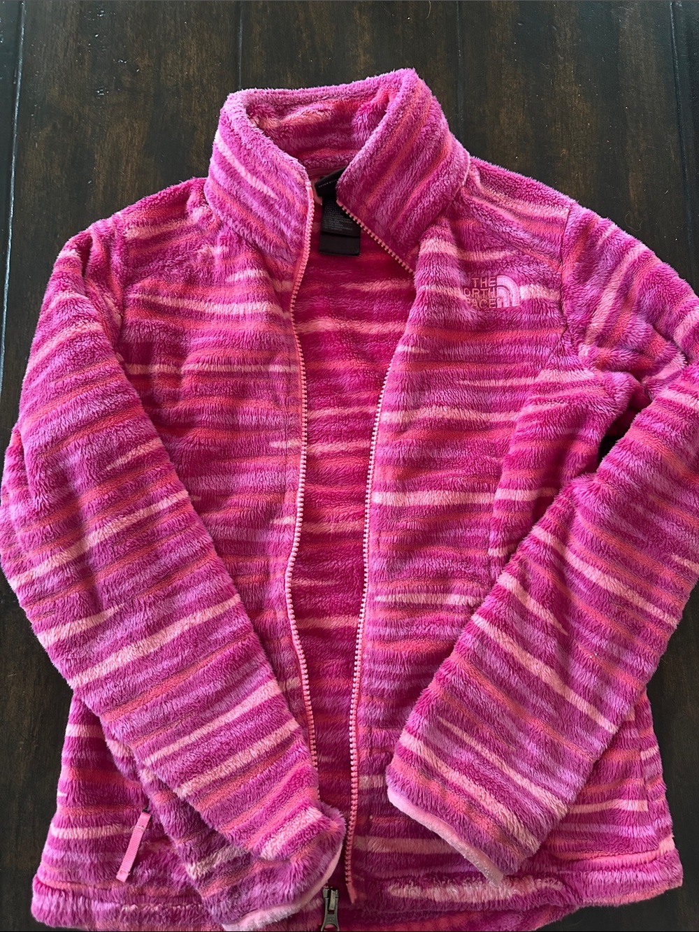 The North Face Girls' Pink Striped Fleece Zip Jacket (Size S / 7)